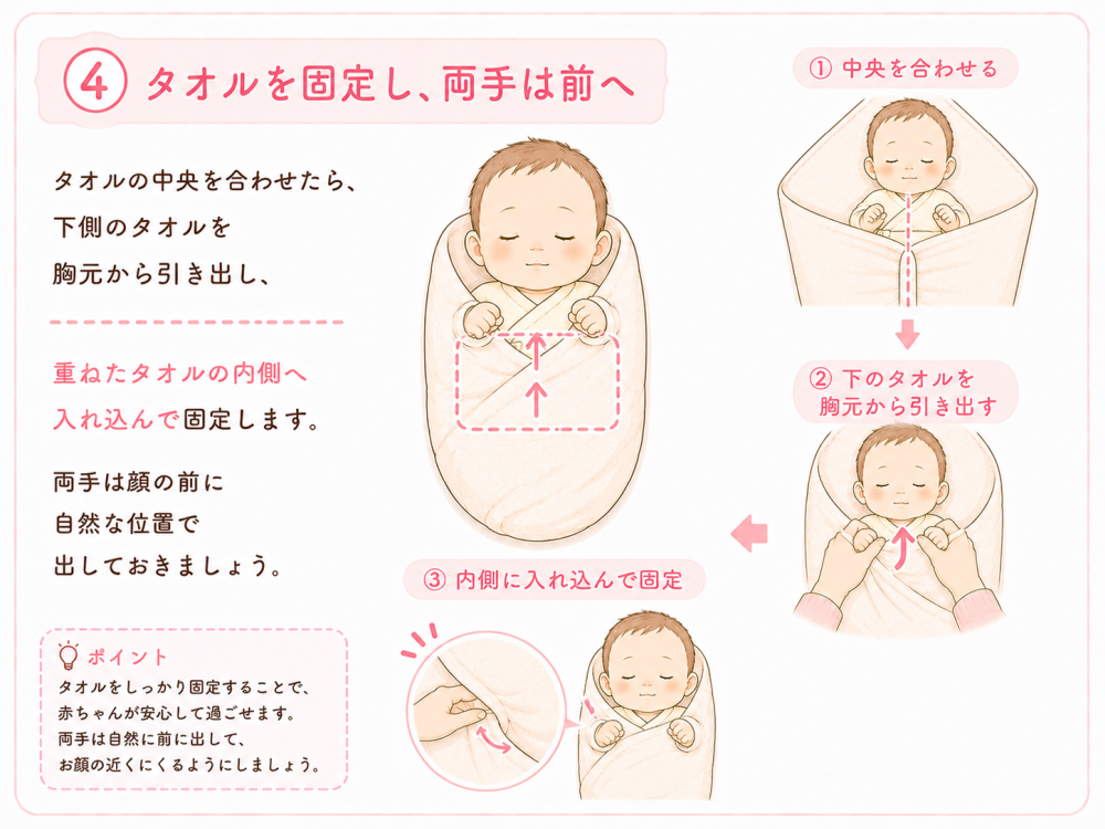 ③横からやさしく包む左右どちら側からでも構いません。左右のタオルを赤ちゃんの体に沿わせながら、すき間ができないようにやさしく包み込みます。ポイントタオルをしっかり固定することで、赤ちゃんが安心して過ごせます。両手は自然に前に出して、お顔の近くに来るようにしましょう。