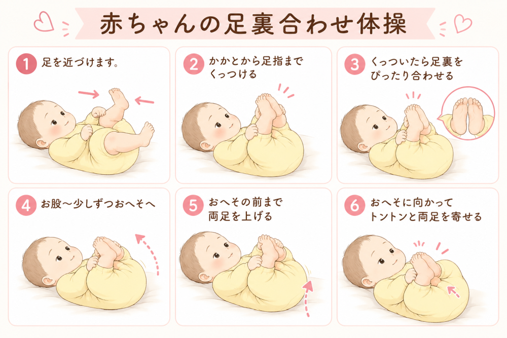 赤ちゃんの足裏合わせ体操①足を近づけます。②かかとから足指までくっつける③くっついたで足を裏をぴったり合わせる④お股~少しずつおへそへ⑤おへその前まで両足を上げる⑥おへそに向かってトントンと両足を寄せる