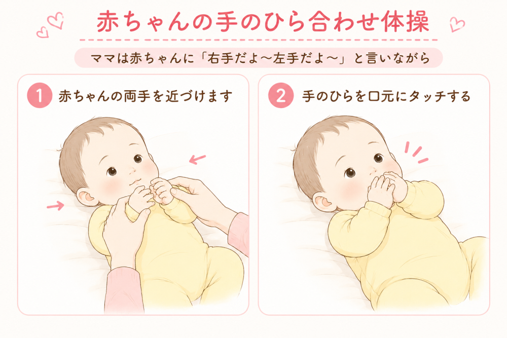赤ちゃんの手のひら合わせ体操ママは赤ちゃんに「右手だよ~左手だよ~」と言いながら①赤ちゃんの両手を近づけます②手のひらを口元にタッチする