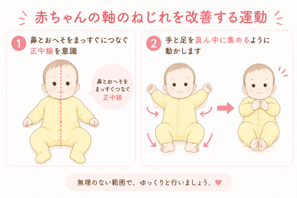赤ちゃんの軸のねじれを改善する運動 ①鼻とおへそをまっすぐにつなぐ正中線を意識②手と足を真ん中に集めるように動かします無理のない範囲で、ゆっくり行いましょう。