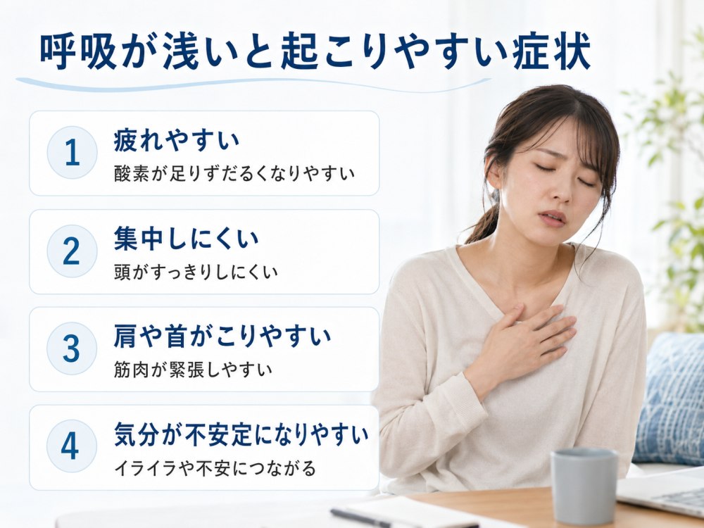 呼吸が浅いと起こりやすい症状1.疲れやすい酸素が足りずだるくなりやすい2.集中しにくい頭がすっきりしにくい3.肩や首がこりやすい筋肉が緊張しやすい4.気分が不安定になりやすいイライラや不安につながる