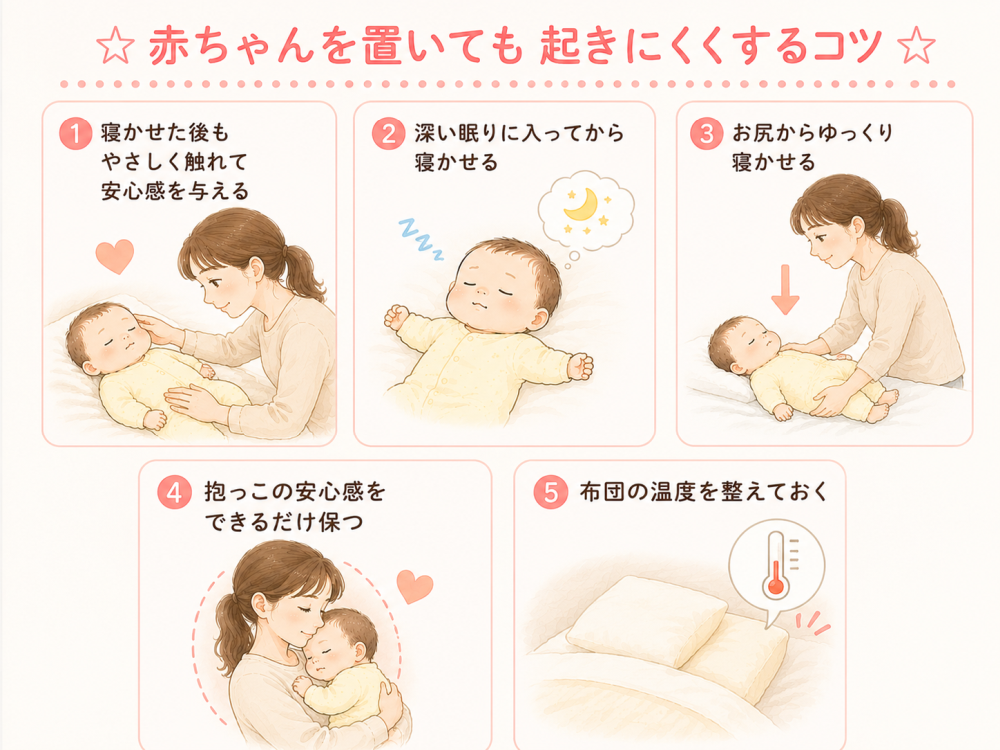 ☆赤ちゃんを置いても起きにくくするコツ☆
①：寝かせた後もやさしく触れて安心感を与える
②：深い眠りに入ってから寝かせる
③：お尻からゆっくり寝かせる
④：抱っこの安心感をできるだけ保つ
⑤：布団の温度を整えておく