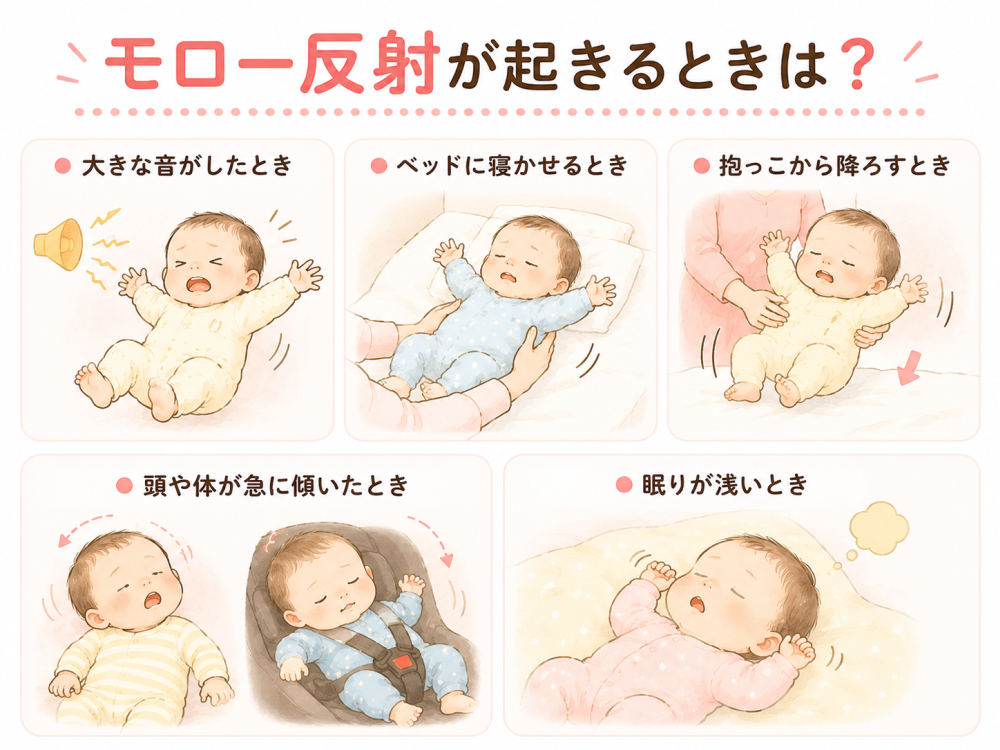 モロー反射が起きるときは？ 
・大きな音がしたとき 
・ベッドに寝かせるとき
・抱っこから降ろすとき 
・頭や体が急に傾いたとき
・眠りが浅いとき
