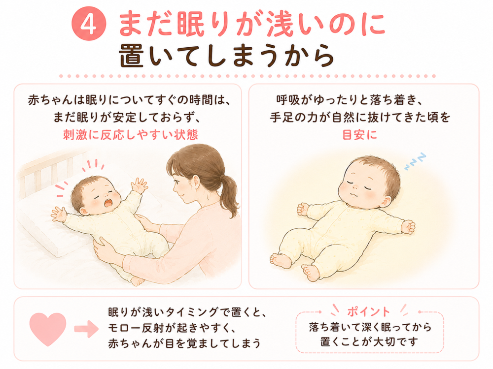 ④：まだ眠りが浅いのに置いてしまうから
・赤ちゃんは眠りについてすぐの時間は、まだ眠りが安定しておらず、刺激に反応しやすい状態
・呼吸がゆったりと落ち着き、手足の力が自然に抜けてきた頃を目安に
眠りが浅いタイミングで置くと、モロー反射が起きやすく、赤ちゃんが目を覚ましてしまう
ポイント
落ち着いて深く眠ってから置くことが大切です