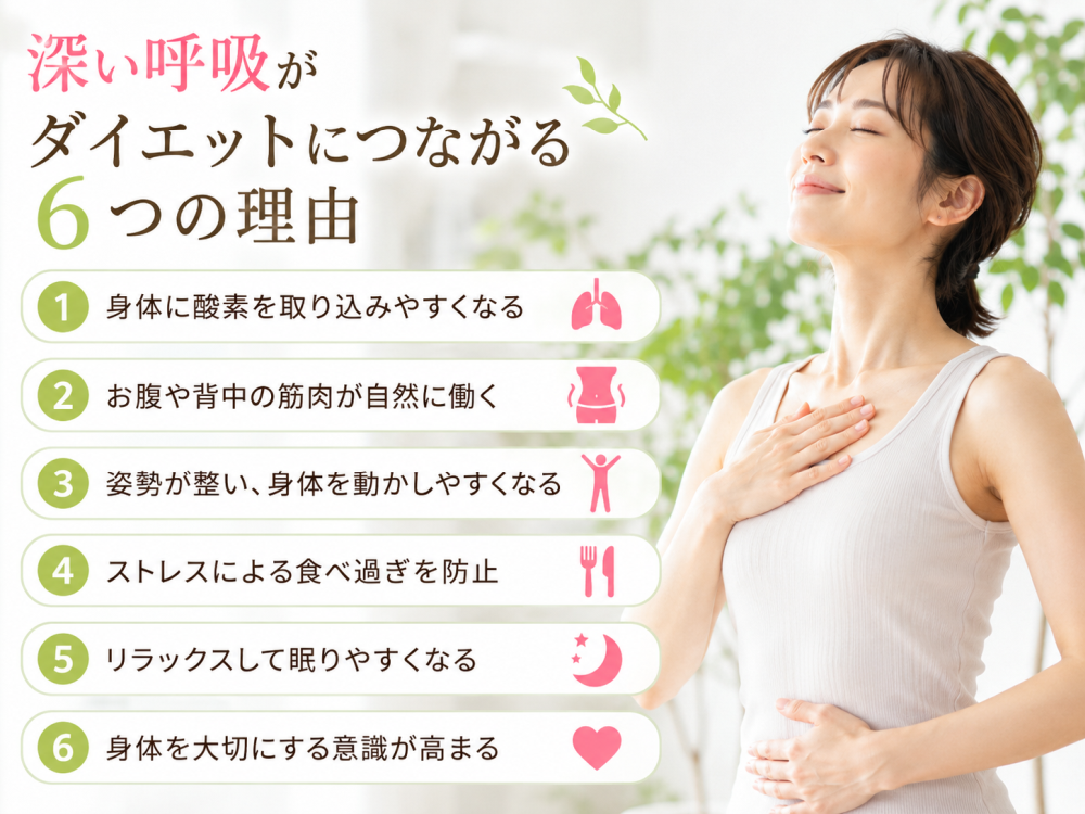 深い呼吸がダイエットにつながる6つの理由① 身体に酸素を取り込みやすくなる ② お腹や背中の筋肉が自然に働く③ 姿勢が整い、身体を動かしやすくなる④ストレスによる食べ過ぎを防止⑤ リラックスして眠りやすくなる⑥ 身体を大切にする意識が高まる