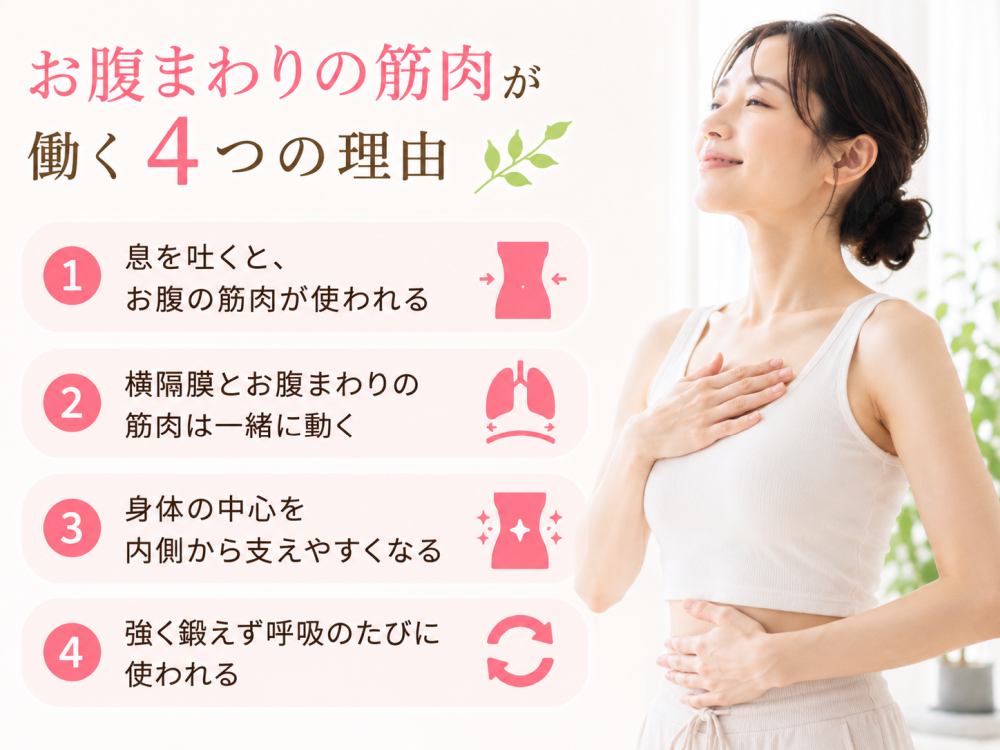 お腹まわりの筋肉が働く4つの理由① 息を吐くと、お腹の筋肉が使われる② 横隔膜とお腹まわりの筋肉は一緒に動く③ 身体の中心を内側から支えやすくなる④ 強く鍛えず呼吸のたびに使われる