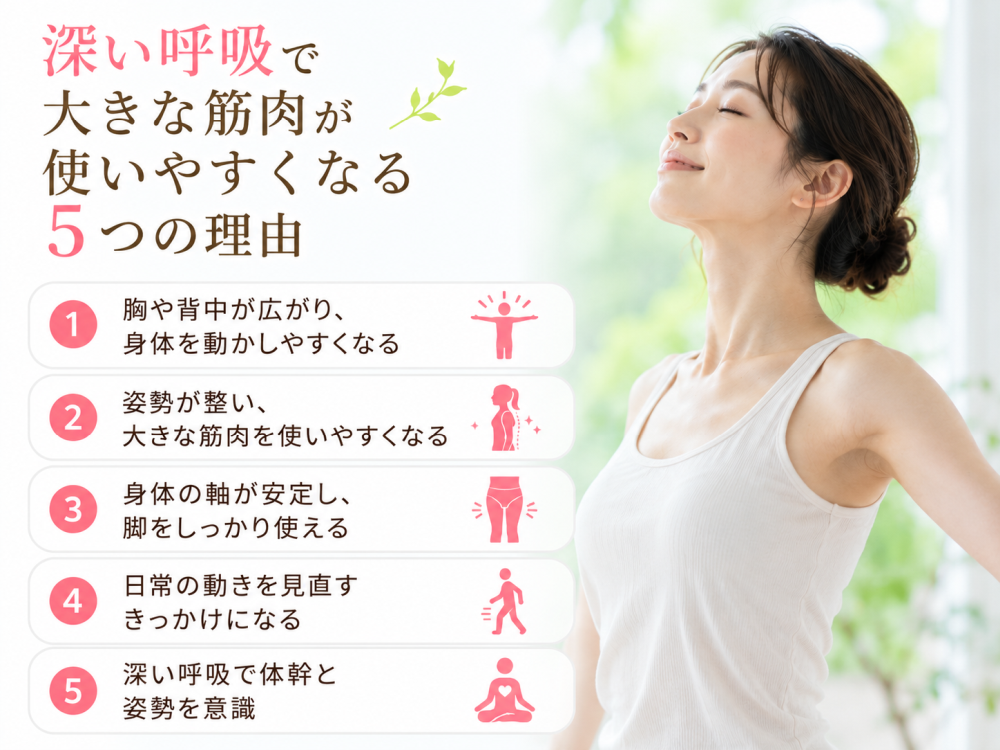 深い呼吸で大きな筋肉が使いやすくなる5つの理由① 胸や背中が広がり、身体を動かしやすくなる② 姿勢が整い、大きな筋肉を使いやすくなる③ 身体の軸が安定し、脚をしっかり使える④ 日常の動きを見直すきっかけになる⑤深い呼吸で体幹と姿勢を意識