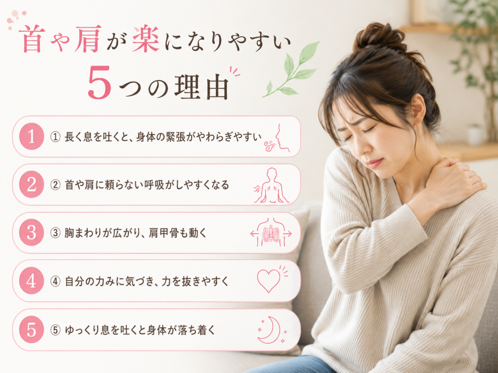 首や肩が楽になりやすい5つの理由① 長く息を吐くと、身体の緊張がやわらぎやすい② 首や肩に頼らない呼吸がしやすくなる③ 胸まわりが広がり、肩甲骨も動く④ 自分の力みに気づき、力を抜きやすく⑤ ゆっくり息を吐くと身体が落ち着く