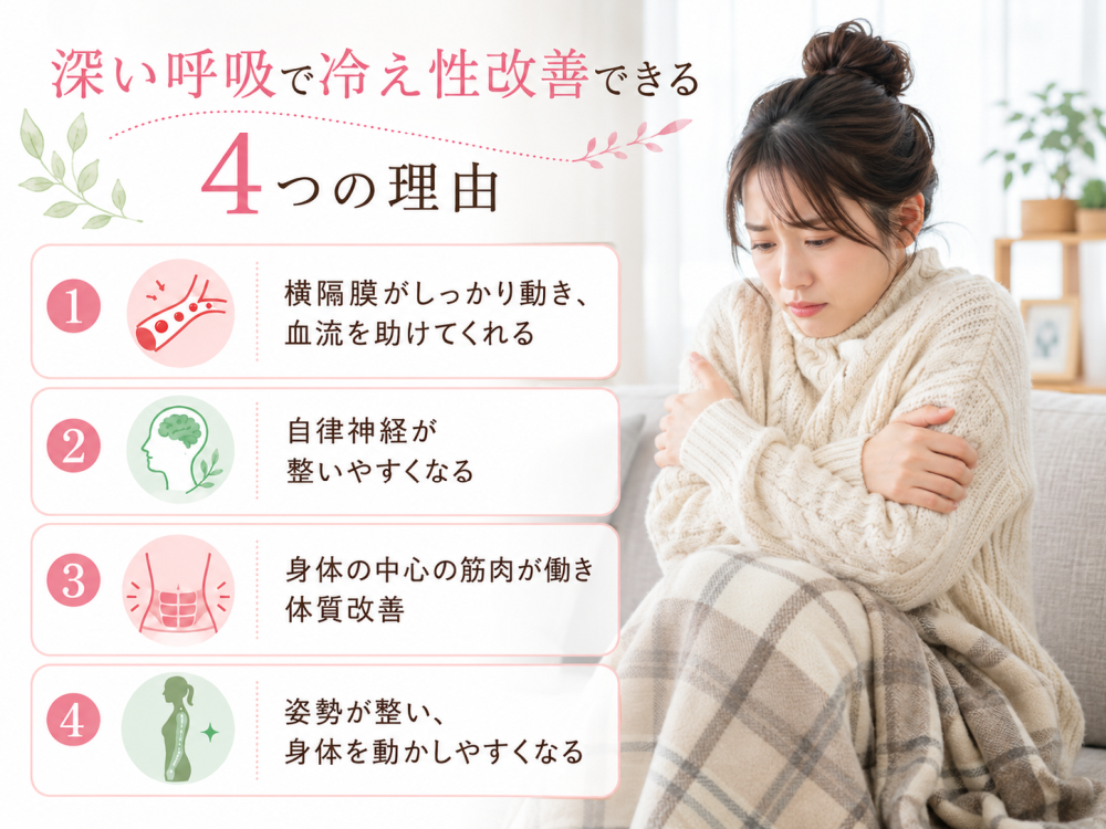 深い呼吸で冷え性改善できる4つの理由①横隔膜がしっかり動き、血流を助けてくれる②自律神経が整いやすくなる③身体の中心の筋肉が働き体質改善④姿勢が整い、身体を動かしやすくなる