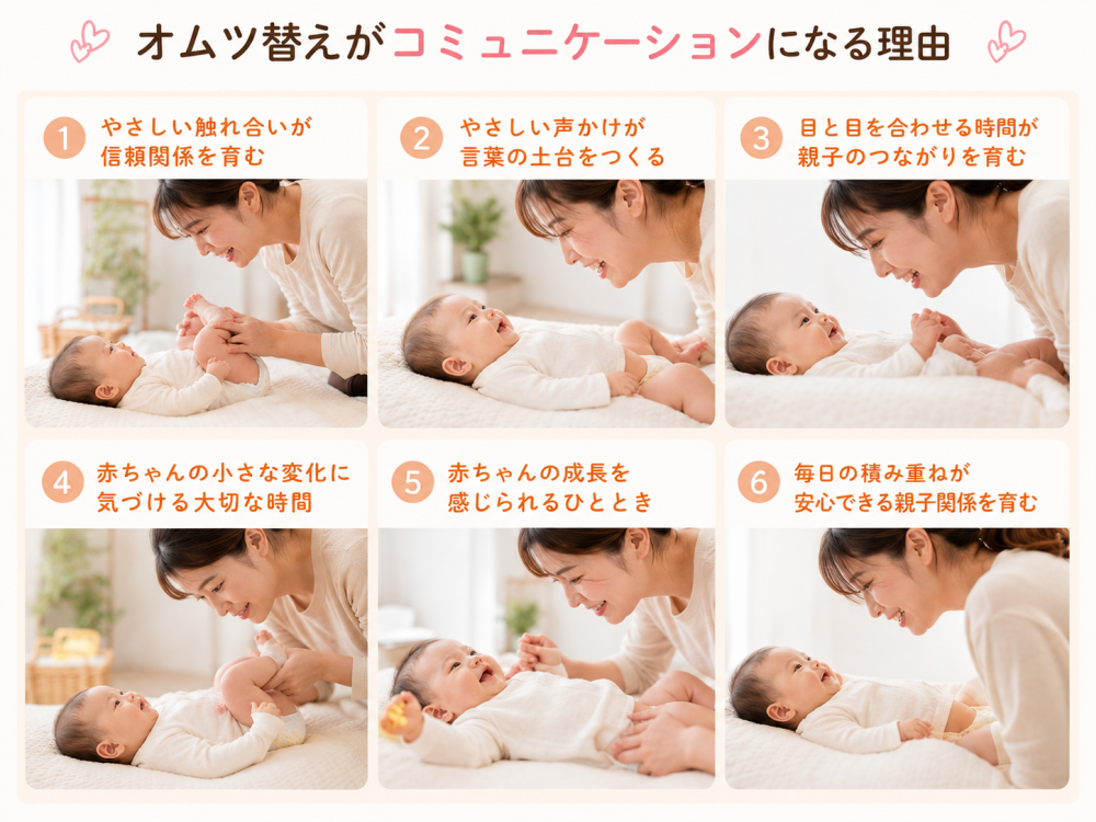 おむつ替えがコミュニケーションになる理由①優しい触れ合いが信頼関係を育む②優しい声掛けが言葉の土台を作る③目と目を合わせる時間が親子のつながりを育む④赤ちゃんの小さな変化に気づける大切な時間⑤赤ちゃんの成長を感じられるひととき⑥毎日の積み重ねが安心できる親子関係を育む