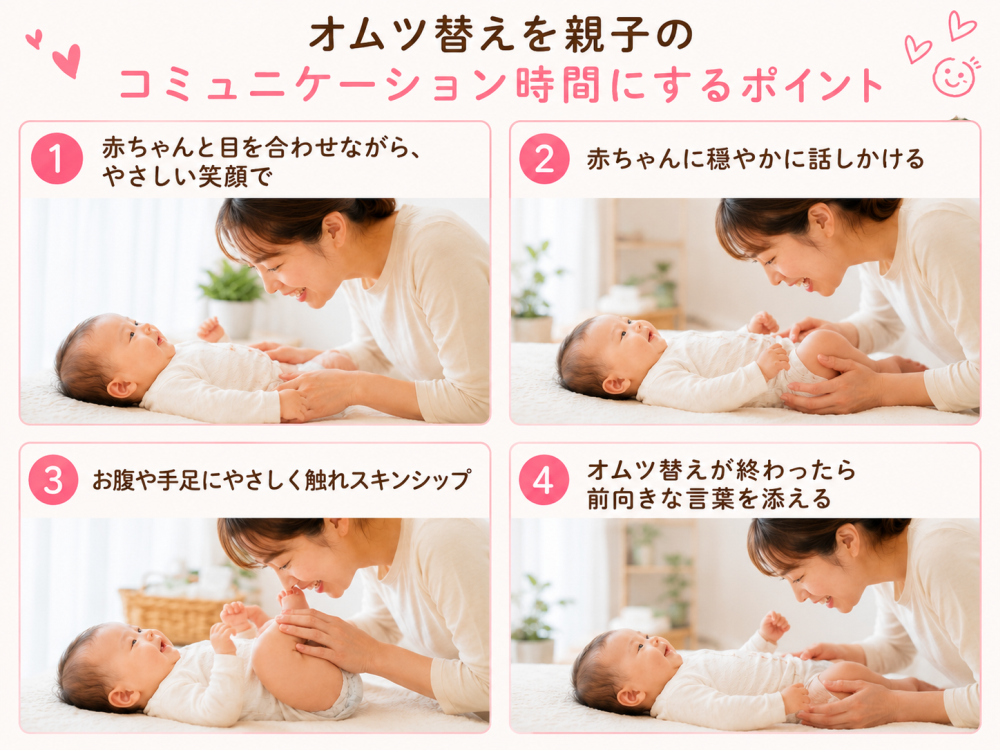 おむつ替えを親子のコミュニケーション時間にするポイント①赤ちゃんと目を合わせながら、優しい笑顔で②赤ちゃんに穏やかに話しかける③お腹や手足に優しく触れるスキンシップ④おむつ替えが終わったら前向きな言葉を添える
