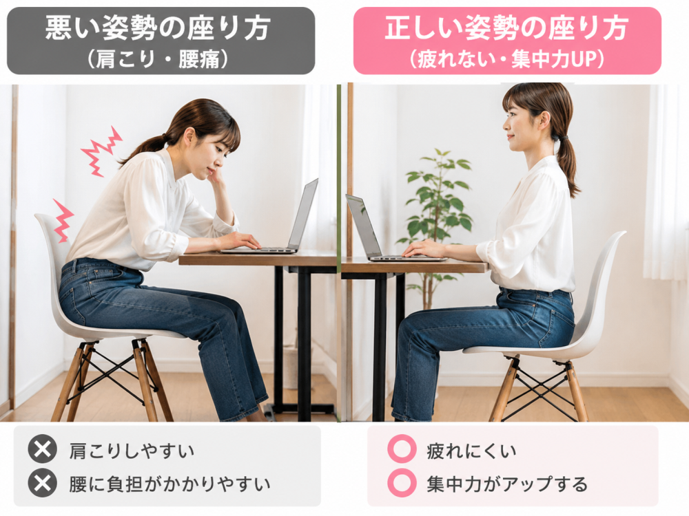 悪い姿勢の座り方(肩こり・腰痛)×肩こりしやすい×腰に負担がかかりやすい正しい姿勢の座り方(疲れない・集中力UP)〇疲れにくい〇集中力がアップする