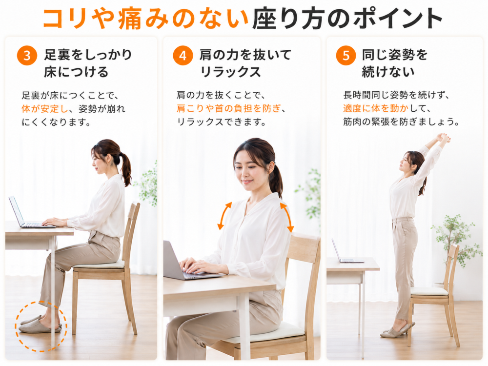 コリや痛みのない座り方のポイント③ 足裏をしっかり床につける・足裏が床に着くことで、体が安定し、姿勢が崩れにくくなります。④ 肩の力を抜いてリラックス肩の力を抜くことで肩こりや首の負担を防ぎ、リラックスできます⑤ 同じ姿勢を続けない・長時間同じ姿勢を続けず、適度に体を動かして、筋肉の緊張を防ぎましょう。