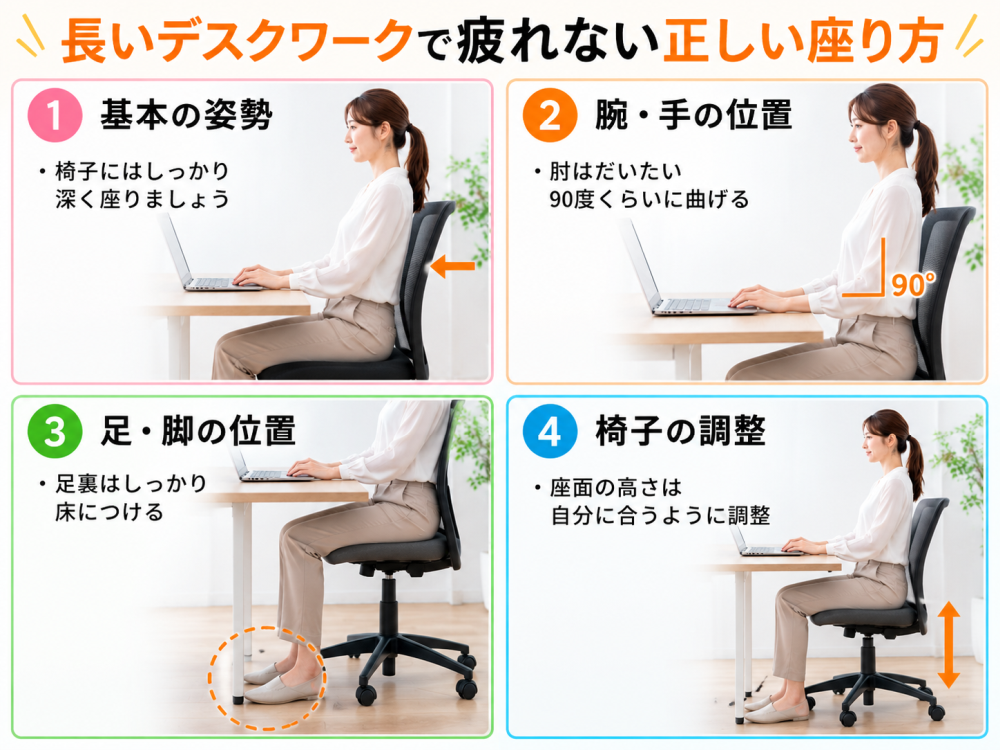 長いデスクワークで疲れない正しい座り方1. 基本の姿勢・椅子にはしっかり深く座りましょう2. 腕・手の位置・肘はだいたい90度くらいに曲げる3. 足・脚の位置・足裏はしっかり床につける4. 椅子の調整・座面の高さは自分に合うように調整