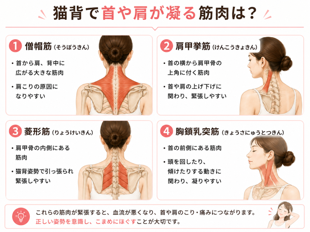 猫背で首や肩が凝る筋肉は?・僧帽筋(そうぼうきん)・肩甲挙筋(けんこうきょきん)・菱形筋(りょうけいきん)・胸鎖乳突筋(きょうさにゅうとつきん)