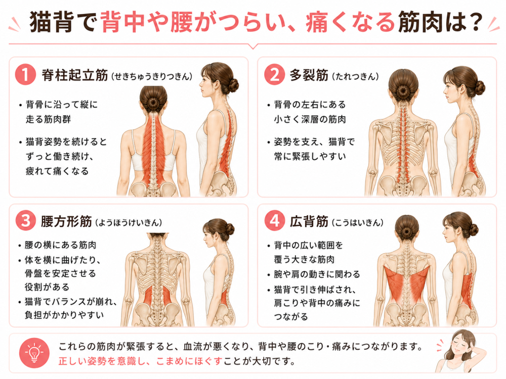 猫背で背中や腰がつらい、痛くなる筋肉は?●①脊柱起立筋(せきちゅうきりつきん)・背骨に沿って縦に走る筋肉群・猫背姿勢を続けるとずっと働き続け、疲れていたくなる ●②多裂筋(たれつきん)・背骨の左右にある小さく深層の筋肉・姿勢を整え、猫背で常に緊張しやすい●③腰方形筋(ようほうけいきん)・広背筋(こうはいきん)・腰の横にある筋肉・体を横に曲げたり、骨盤を安定させる役割がある・猫背でバランスが崩れ、負担がかかりやすい●④広背筋(こうはいきん)・背中の広い範囲を覆う大きな筋肉・腕や肩の動きにかかわる・猫背で引き延ばされ、肩こりや背中の痛みにつながる※これらの筋肉が緊張すると、血流が悪くなり、背中や肩のこり・痛みにつながります。正しい姿勢を意識し、こまめにほぐすことが大切です・