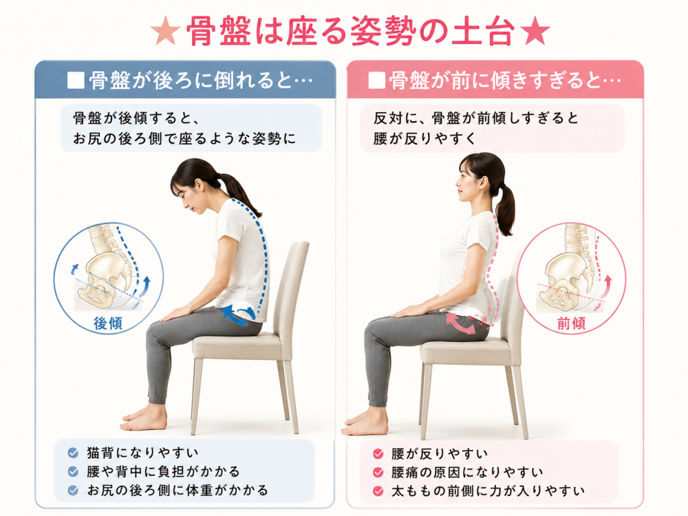 ■骨盤が後ろに倒れると●骨盤が後継すると、お尻の後ろ側で座るような姿勢に・猫背になりやすい・腰や背中に負担がかかる・お尻の後ろ側に体重がかかる■骨盤が前に傾きすぎると●反対に骨盤が前傾すると腰が反りやすく・腰が反りやすい・腰痛の原因にもなりやすい・太ももの前側に力が入りやすい