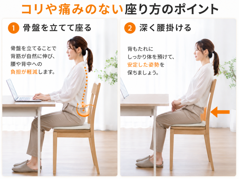 コリや痛みのない座り方のポイント①骨盤を立てて座る 骨盤を立てることで背筋が伸び、腰や背中への負担が軽減します。②深く腰掛ける背もたれにしっかり体を預けて、安定した姿勢を保ちましょう。
