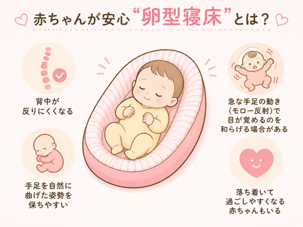 赤ちゃんが安心「卵型寝床」とは？・背中が反りにくくなる ・手足を自然に曲げた姿勢を保ちやすい・急な手足の動き（モロー反射）で目が覚めるのを和らげる場合がある ・落ち着いて過ごしやすくなる赤ちゃんもいる