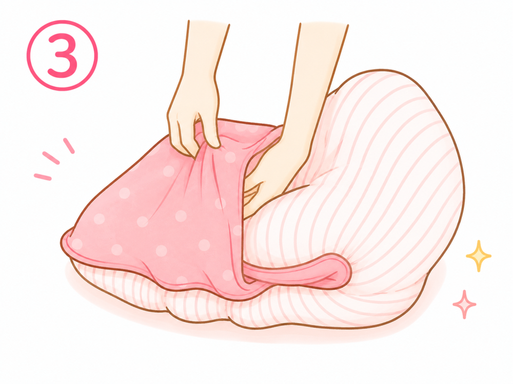 ②で決めた位置から折り返して、内側にクッションを折り込みます。