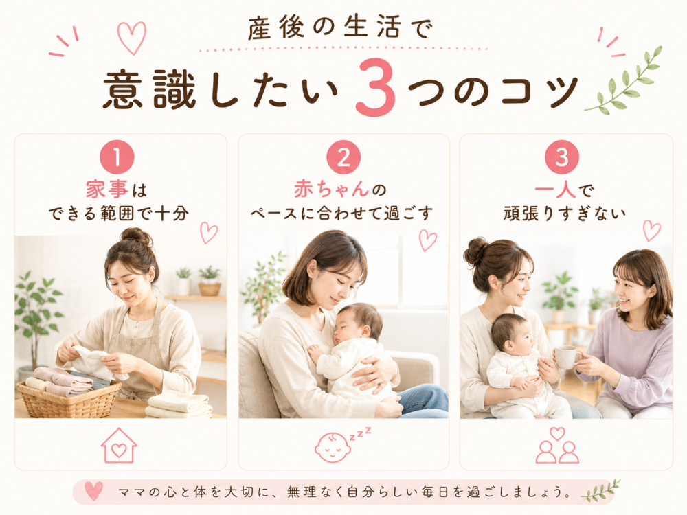 産後の生活で意識したい3つのコツ ①家事はできる範囲で十分②赤ちゃんのペースに合わせて過ごす③一人で頑張りすぎないママの心と体を大切に、無理なく自分らしい毎日を過ごしましょう。