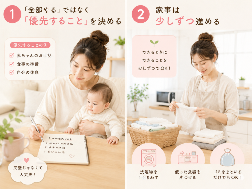①「全部やる」ではなく「優先すること」を決める優先することの例・赤ちゃんのお世話・食事の準備・自分の休憩完璧時じゃなくて大丈夫②家事は少しずつ進める・できるときにできることを少しづつでOK！・洗濯物を1回まわす・使った食器を片づける・ごみをまとめるだけでもOK!