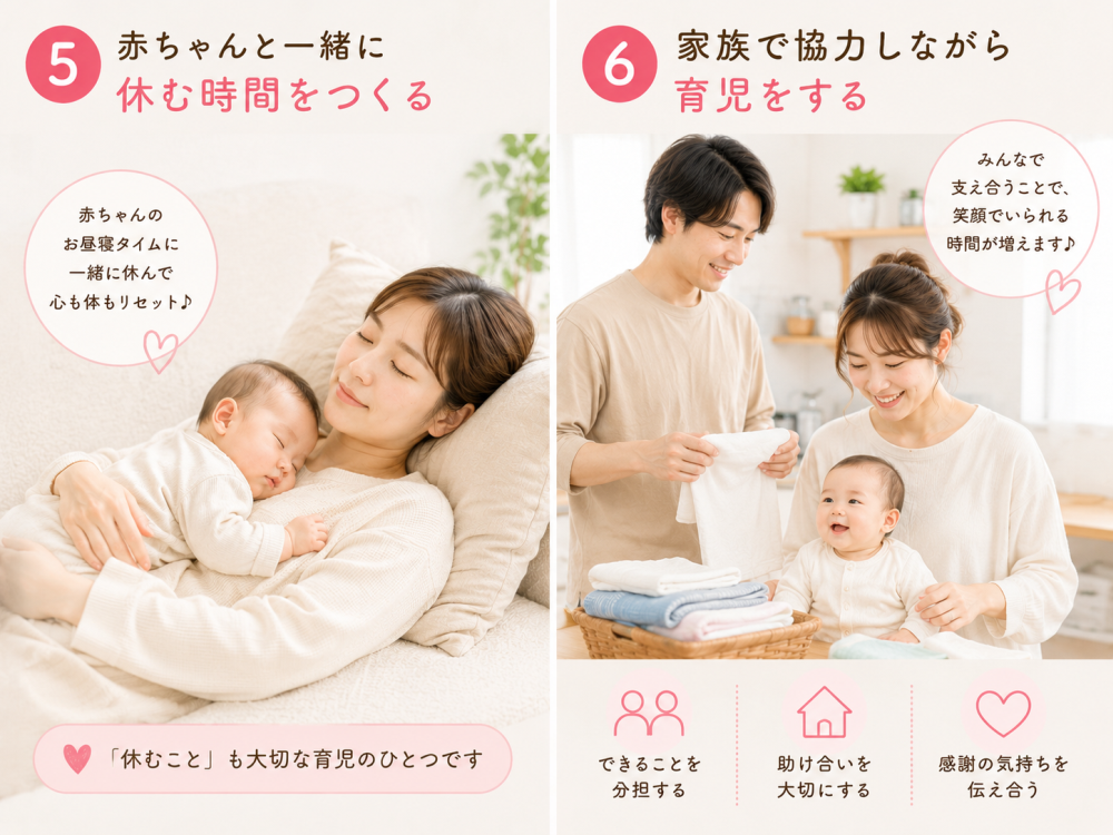 ⑤赤ちゃんと一緒に休む時間をつくる赤ちゃんのお昼寝タイムに一緒に休んで心も体もリセット「休むことも大切な育児の一つです」⑥家族で協力しながら育児をするみんなで助け合うことで、笑顔でいられる時間が増えます・できることを分担する・助け合いを大切にする・感謝の気持ちを伝えあう
