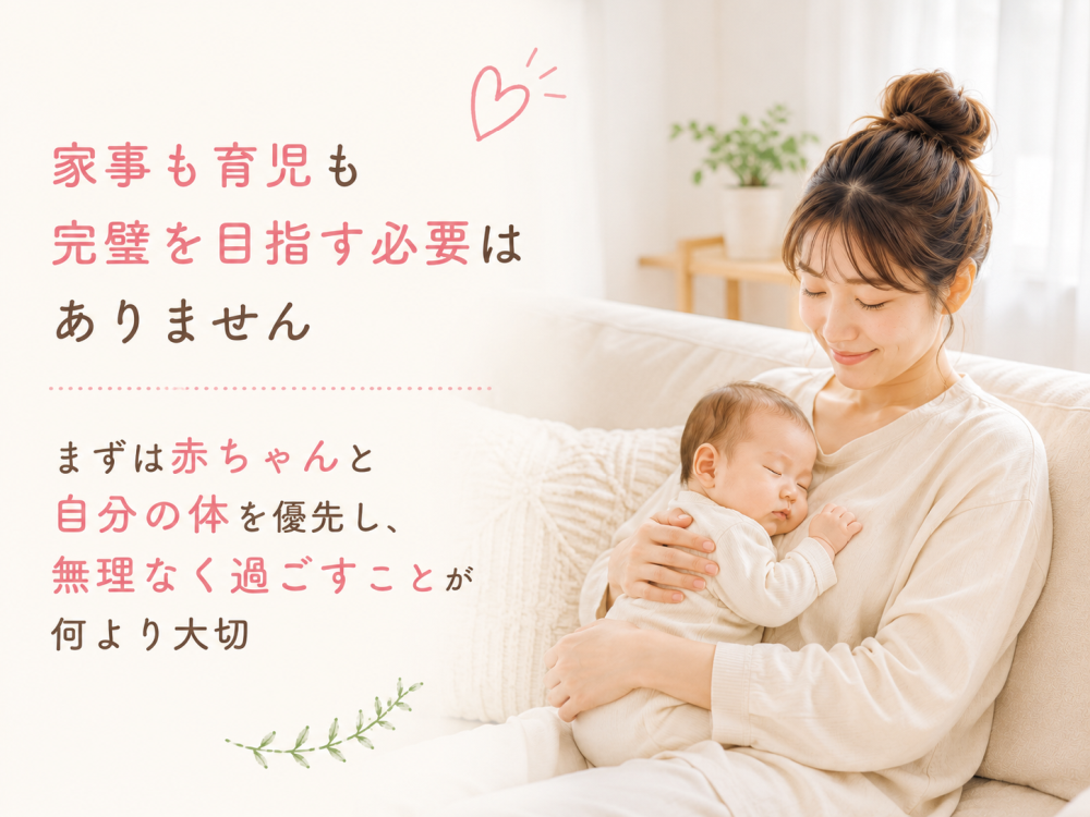 家事も育児も完璧を目指す必要はありませんまずは赤ちゃんと自分の体を優先し、無理なく過ごすことが何より大切