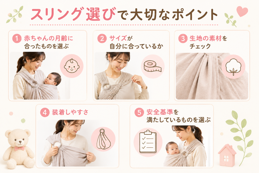 スリング選びで大切なポイント① 赤ちゃんの月齢に合ったものを選ぶ② サイズが自分に合っているか ③ 生地の素材をチェック④ 装着しやすさ⑤ 安全基準を満たしているものを選ぶ