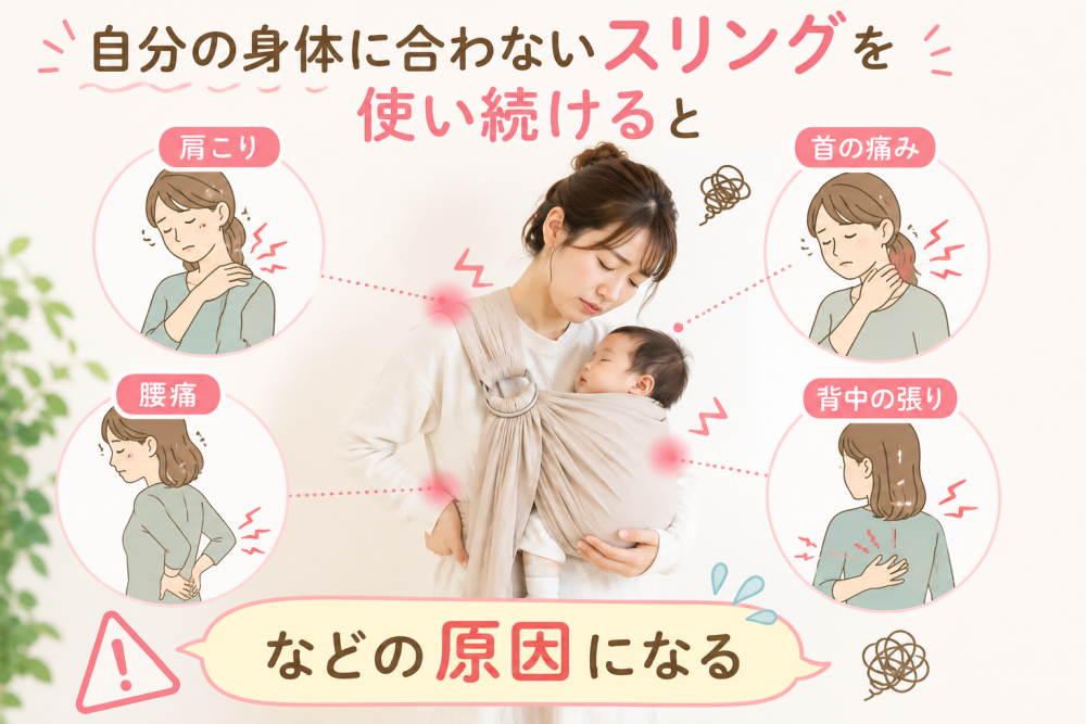 自分の身体に合わないスリングを使い続けると・肩こり・腰痛・首の痛み・背中の張りなどの原因になる