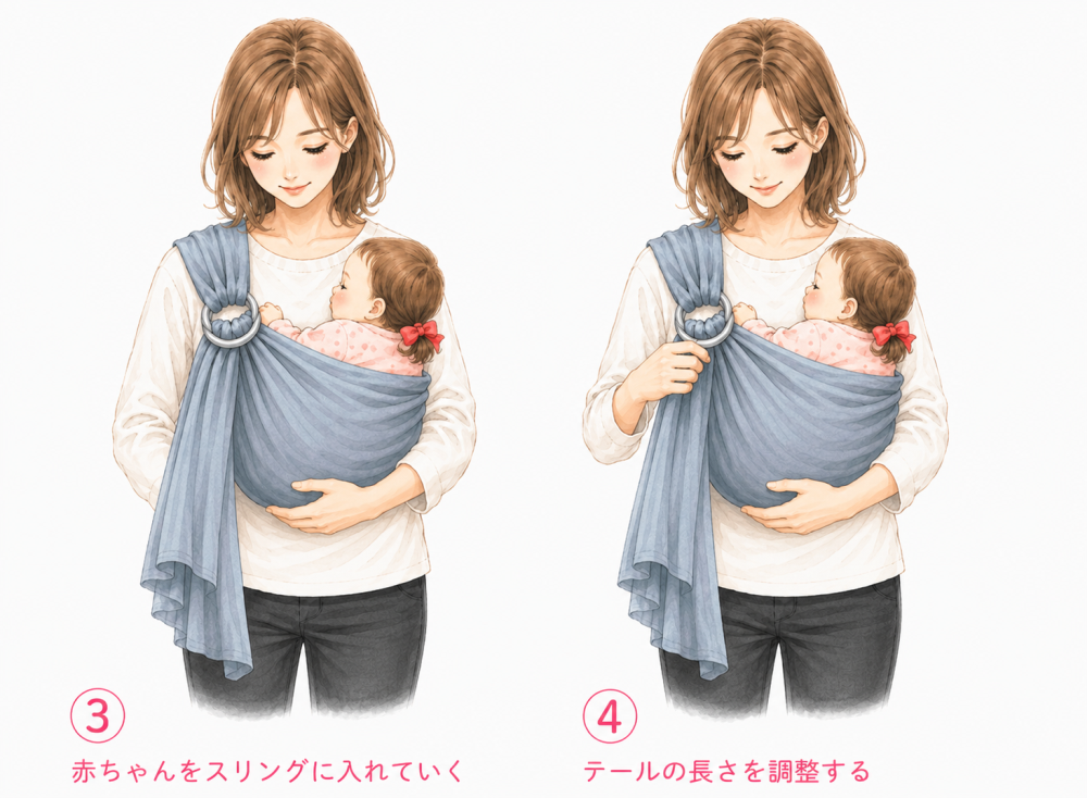 ③ スリングに赤ちゃんを入れる④：てーつの長さを調整する