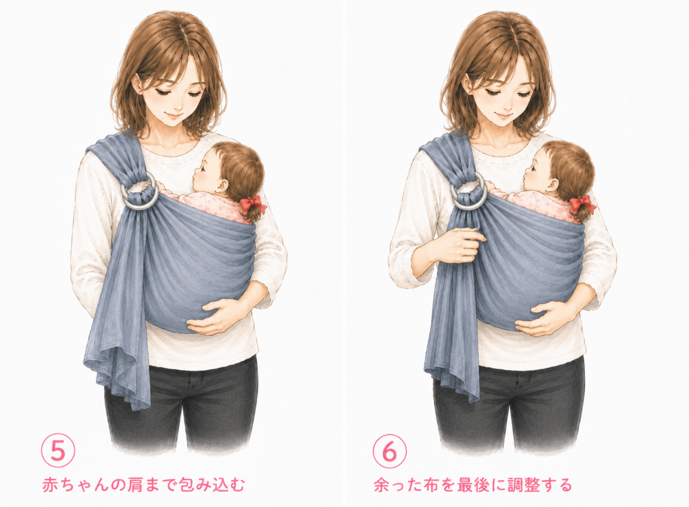 ⑤ 赤ちゃんをしっかり包み込む⑥：余った布を最後に調節する