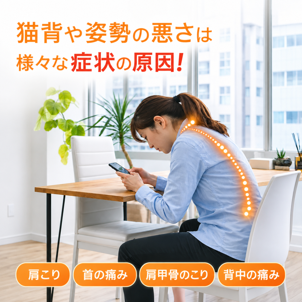 猫背や 性能 悪さは様々な症状の原因！・肩こり・首の痛み・肩甲骨のこり・背中の痛み