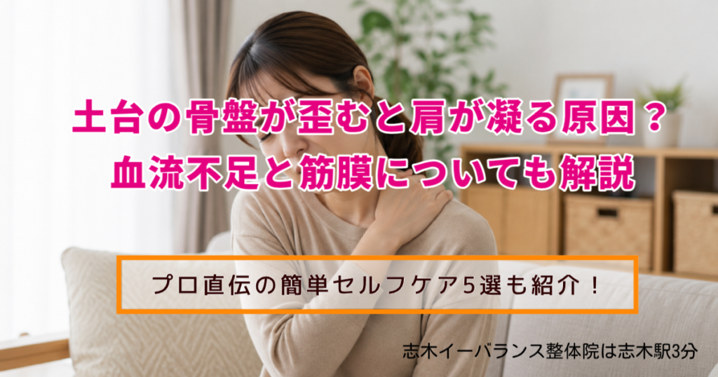 土台の骨盤が歪むと肩がこる原因 血流不足と筋膜についても解説 プロ直伝の簡単セルフケア5選も紹介！ 志木イーバランス整体院は志木駅３分