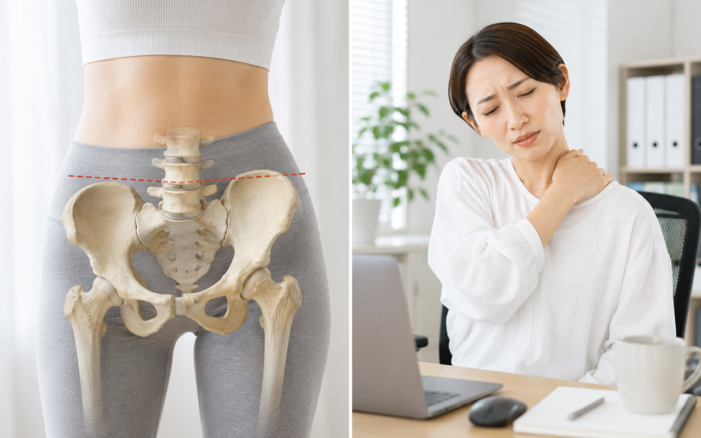 骨盤が歪んだイメージとオフィスで肩がこっているリアルな女性