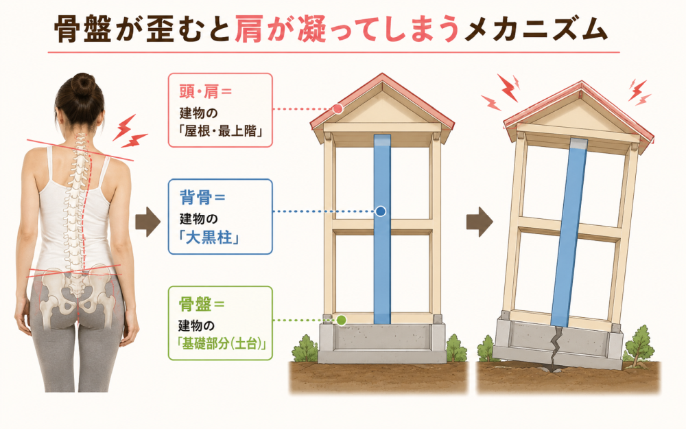 骨盤が歪むと肩が凝ってしまうメカニズム 骨盤＝ 建物の「基礎部分（土台）」 背骨＝ 建物の「大黒柱」 頭・肩＝ 建物の「屋根・最上階」