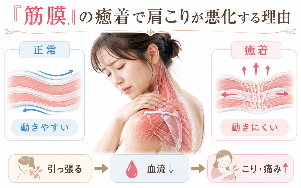 「筋膜」の癒着で肩こりが悪化する理由正常：動きやすい癒着：動きにくい引っ張る→血流が悪く→コリや痛みが増える
