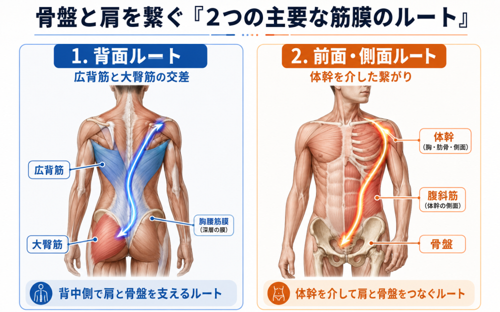 骨盤と肩を繋ぐ「2つの主要な筋膜のルート」 1.背面ルート（広背筋と大臀筋の交差）背中側で肩と骨盤を支えるルート2.前面・側面ルート（体幹を介した繋がり）体幹を介して肩と骨盤をつなぐルート