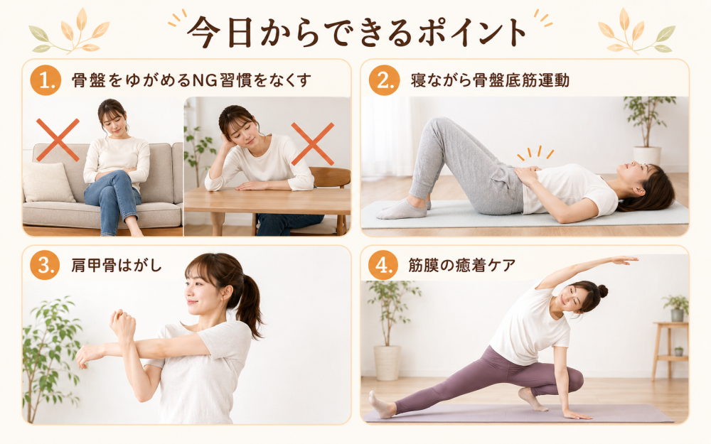 今日からできる6つのポイント 1.日常の「骨盤をゆがめるNG習慣」をなくす 2.骨盤を安定させる寝ながら「骨盤底筋運動」 3.肩こりをその場で和らげる「肩甲骨はがし」 4.筋膜の癒着の解消のエクササイズ