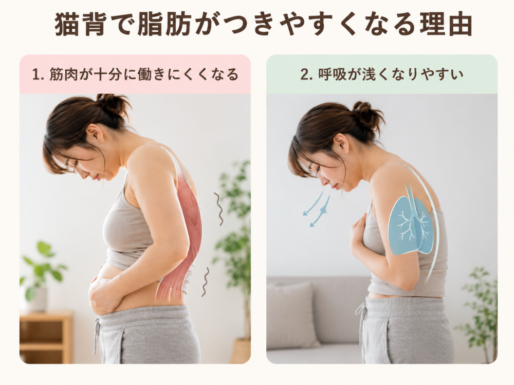 猫背で脂肪が付きやすくなる理由1. 筋肉が十分に働きにくくなる2. 呼吸が浅くなりやすい