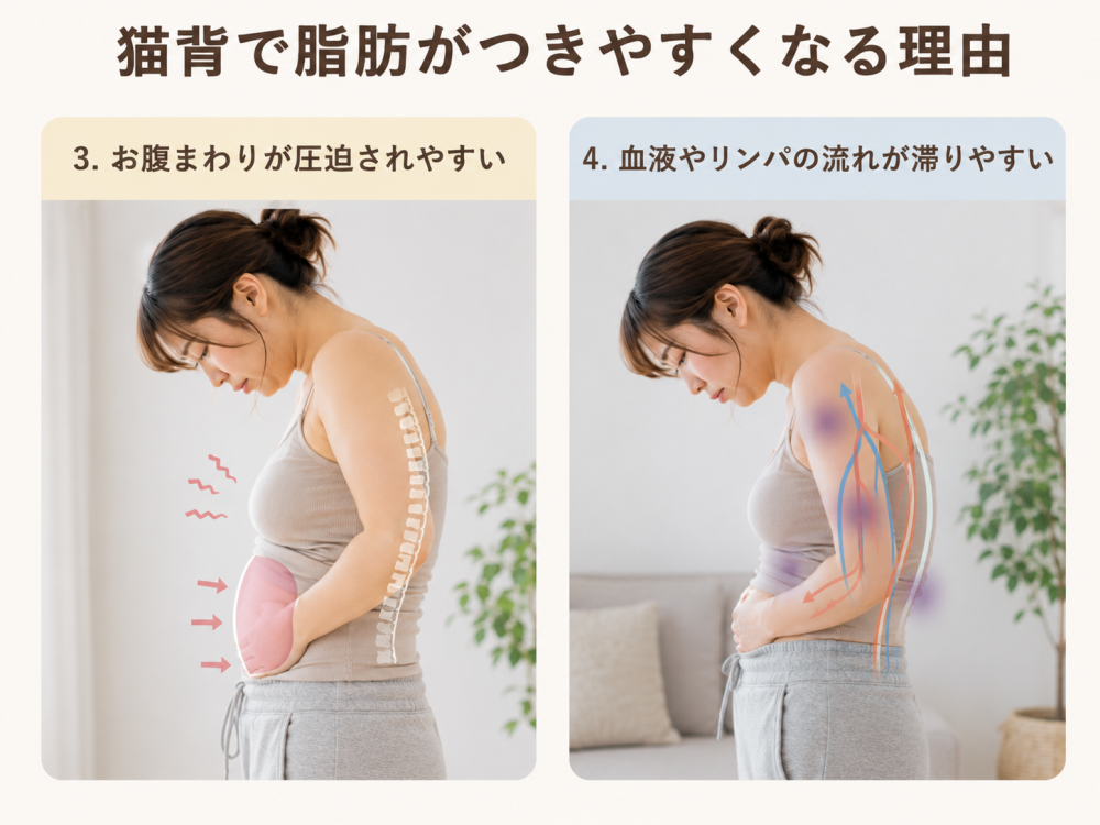 猫背で脂肪がつきやすくなる理由3. お腹まわりが圧迫されやすい4. 血液やリンパの流れが滞りやすい