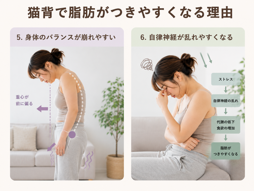 猫背で脂肪がつきやすくなる理由5. 身体のバランスが崩れやすい重心が前に偏る6. 自律神経が乱れやすくなるストレス→自律神経の乱れ→代謝の低下、食欲の増加→脂肪がつきやすくなる
