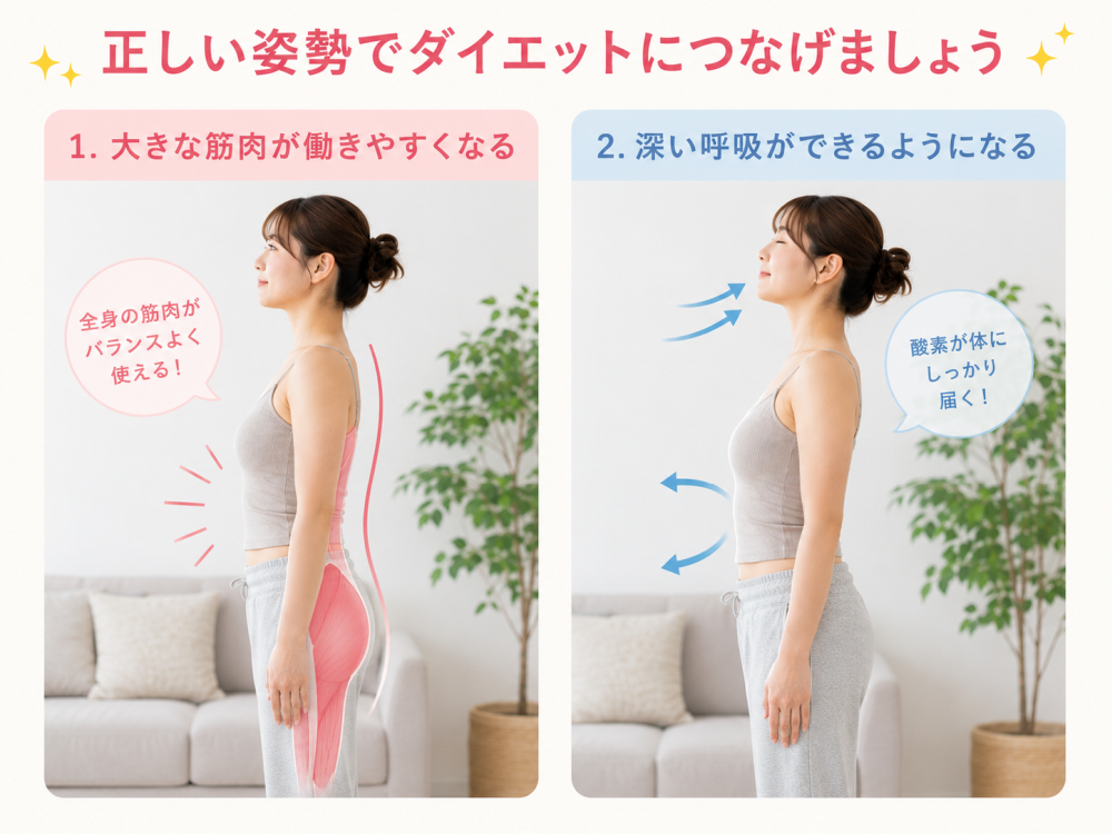 正しい姿勢でダイエットにつなげましょう1. 大きな筋肉が働きやすくなる全身の筋肉がバランスよく使える！2. 深い呼吸ができるようになる酸素がしっかり届く！