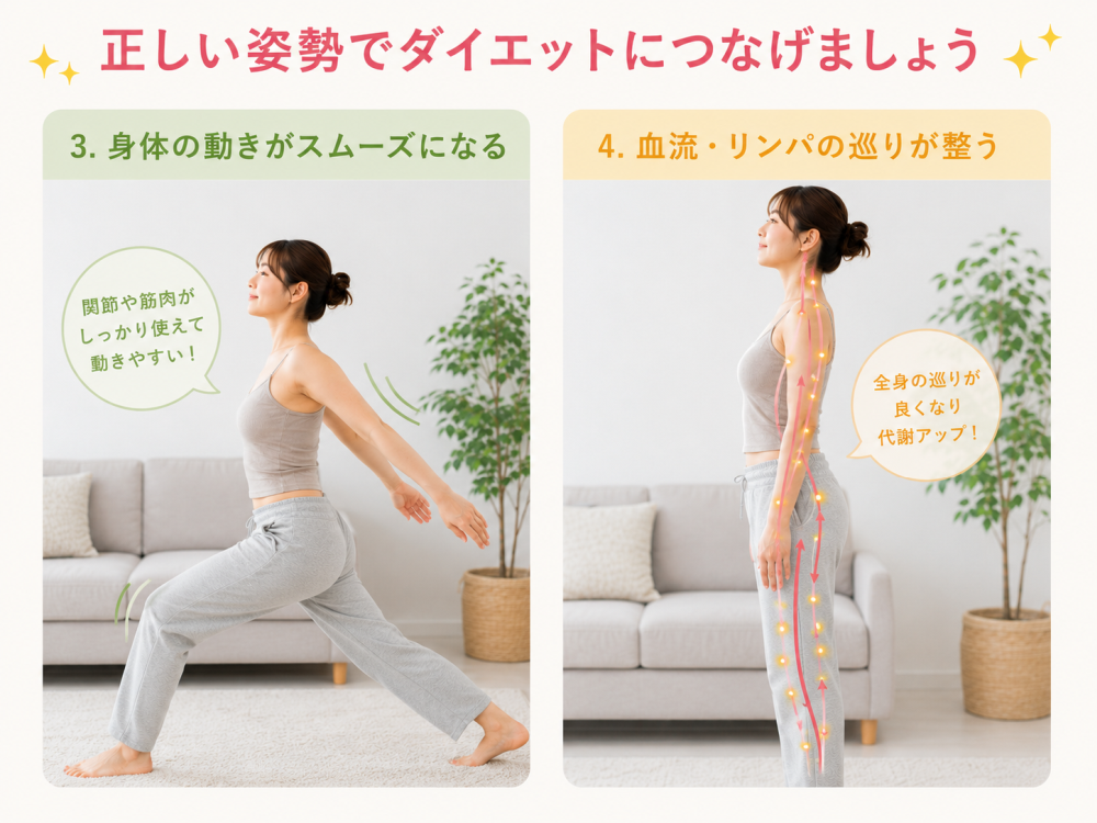 正しい姿勢でダイエットにつなげましょう3. 身体の動きがスムーズになる関節や筋肉がしっかり使えて動きやすい！4. 血流・リンパの巡りが整う全身の巡りがよくなり代謝アップ！