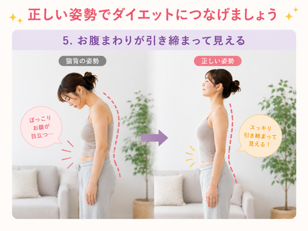 正しい姿勢でダイエットにつなげましょう5. お腹まわりが引き締まって見える・猫背の姿勢ポッコリお腹が目立つ…・正しい姿勢スッキリ引き締まって見える！