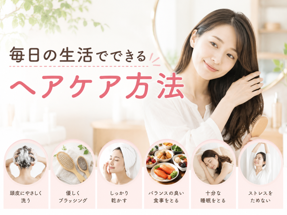 毎日の生活でできるヘア化方法・頭皮に優しく洗う・優しくブラッシング・しっかり乾かす・バランスの良い食事をとる・十分な睡眠をとるストレスをためない