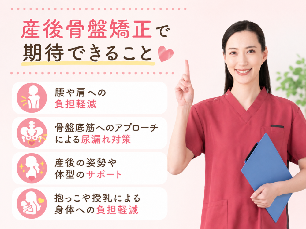 産後骨盤矯正で期待できること ・腰や肩への負担軽減 ・骨盤底筋へのアプローチによる尿漏れ対策 ・産後の姿勢や体型のサポート ・抱っこや授乳による身体への負担軽減