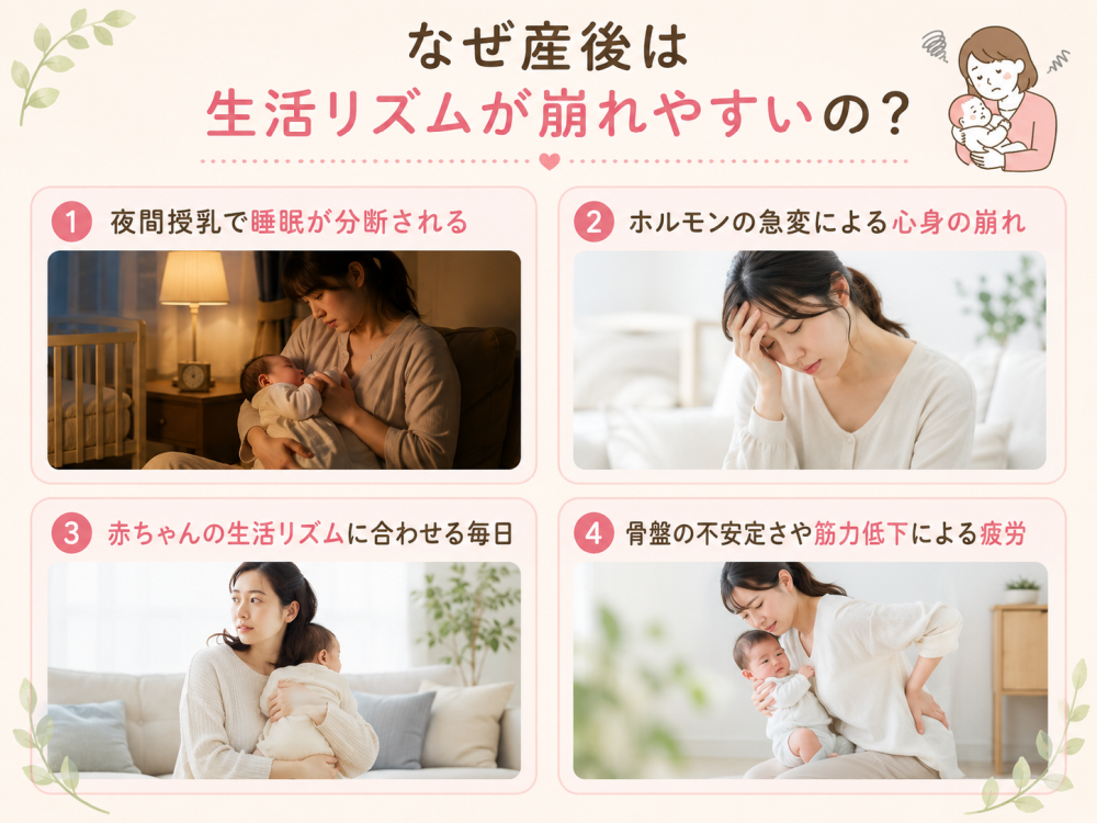 なぜ産後は生活リズムが崩れやすいの? ① 夜間授乳で睡眠が分断される② ホルモンの急変による心身の崩れ ③ 赤ちゃんの生活リズムに合わせる毎日④ 骨盤の不安定さや筋力低下による疲労