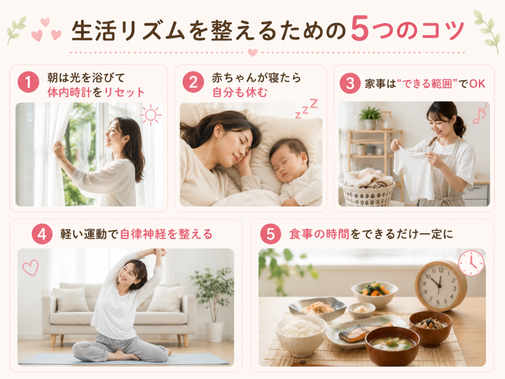 生活リズムを整えるための5つのコツ① 朝は光を浴びて体内時計をリセット② 赤ちゃんが寝たら自分も休む③ 家事は“できる範囲”でOK④ 軽い運動で自律神経を整える⑤ 食事の時間をできるだけ一定に