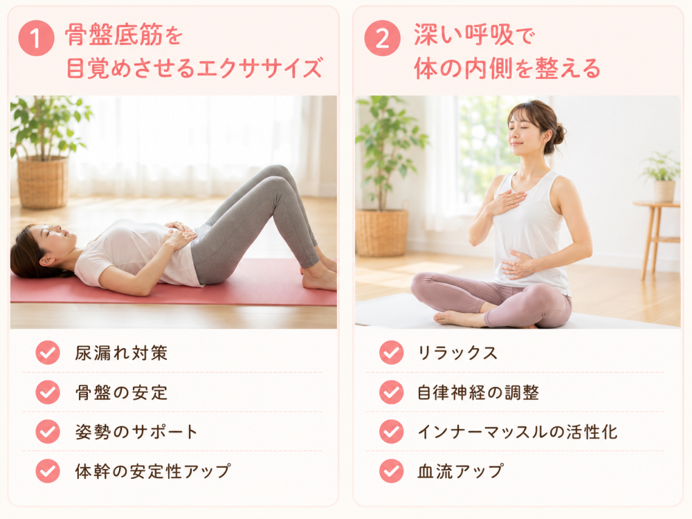 ①骨盤底筋を目覚めさせるエクササイズ・尿漏れ対策・骨盤の安定・姿勢のサポート ・体幹の安定性アップ②深い呼吸で体の内側を整える・リラックス・自律神経の調整 ・インナーマッスルの活性化・血流アップ